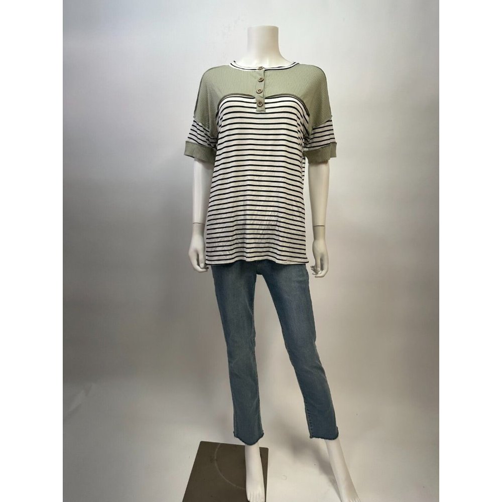 Spice Rose Striped Round Neck Short Sleeve Button Close-Up Green Top
